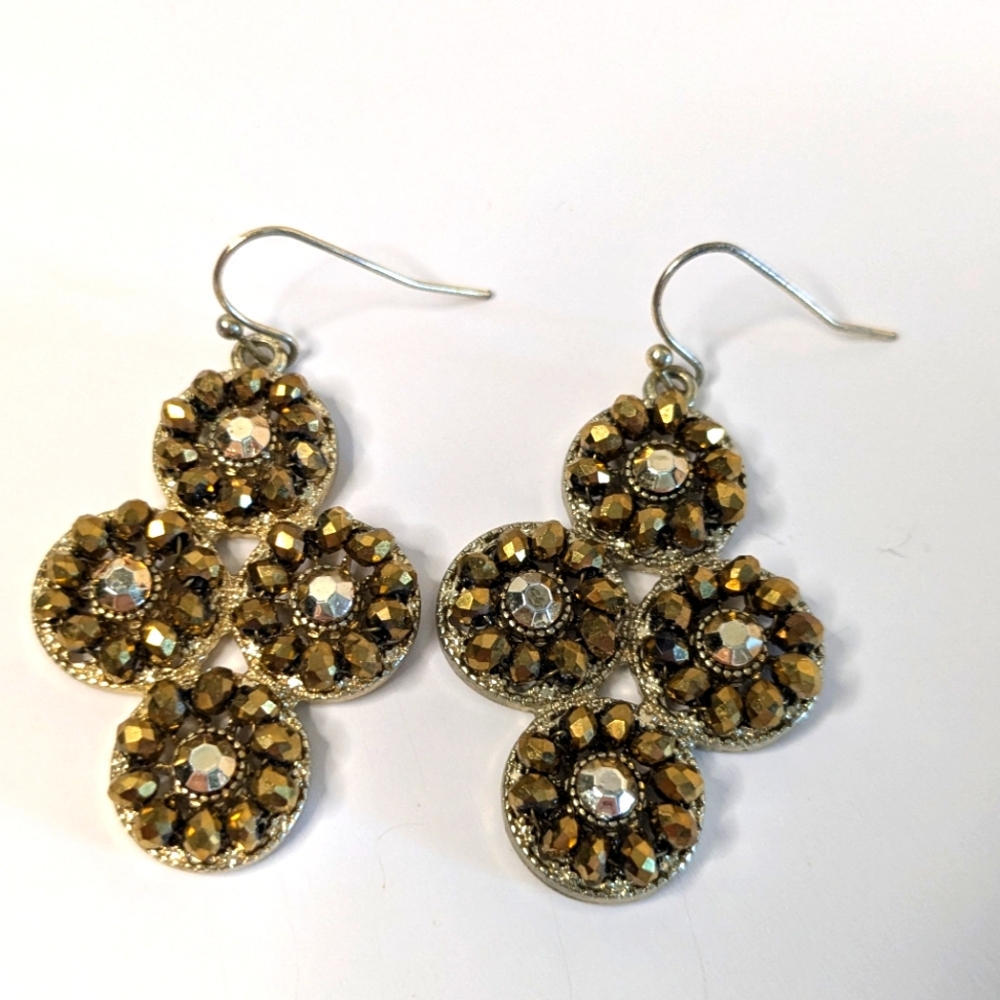 Gold Bronze Beaded Drop Earrings 1.5" Length